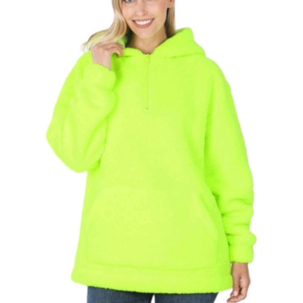 Zenana Outfitters Sherpa Hooded 1/4 Zip Pullover Kangaroo Pocket